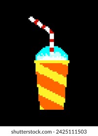 Slurpee Soda in glass with straw isolated pixel art 8 bit.