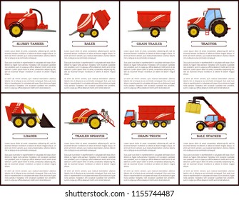 Slurry tanker and baler posters set with text sample. Machinery trailed sprayer and loader. Tractor and grain trailer, truck transporting crop vector