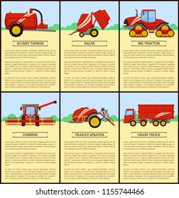 Slurry tanker with container and tractor driving. Posters set with text sample and machinery bale stacker, baler and combine, grain truck van vector