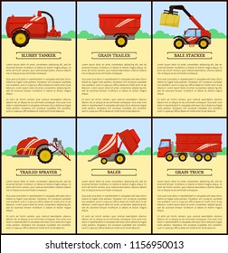 Slurry tanker and grain trailer, agricultural machines posters with text. Bale stacker and bale compressing hay. Grain truck, trailed sprayer vector