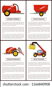 Slurry tanker and grain trailer for crops transportation and storage. Trailed sprayer with reservoir bale stacker with hay cube. Posters set vector