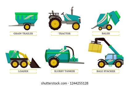 Slurry tanker and loader isolated icons set vector. Tractor and grain trailer for transportation of harvested crops. Baler bale stacker with hay cube