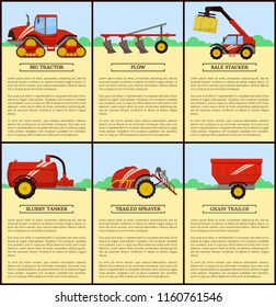 Slurry tanker machinery and combine, set of posters with text sample. Machines on farm, tractor and plow, plough device. Bale stacker and baler vector