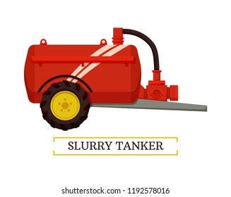 Slurry tanker machinery isolated icon vector and text. Device with reservoir and tube for gathering waste and organic matter. Equipment for liquids