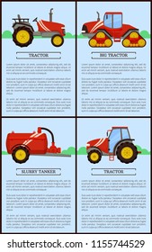 Slurry tanker with reservoir and pipe and different tractors on fields. Posters set with text and agricultural devices and machinery, machines vector