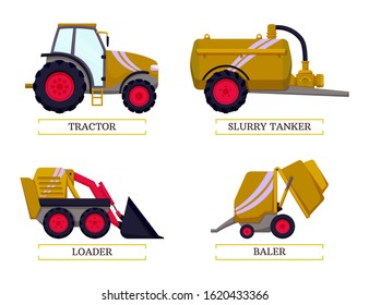 Slurry tanker and tractor isolated icons set vector. Loader and baler agricultural agro mechanisms and devices. Machinery with tank and reservoirs