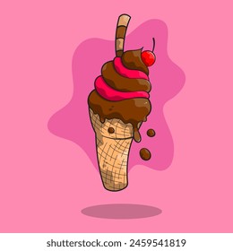 Slushy ice cream cone with a chocolate stack and a cherry. Creamy melting chocolate and strawberry flavor ice cream.
