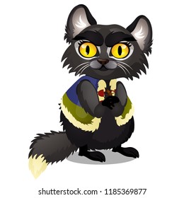 Sly animated black furry cat with yellow eyes in a vest isolated on white background. Vector cartoon close-up illustration.