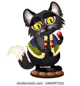 Sly black cat with yellow eyes with fur vest isolated on white background. Vector cartoon close-up illustration.