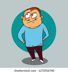 sly boy looking to somewhere, cartoon style vector illustration. isolated on light blue background.