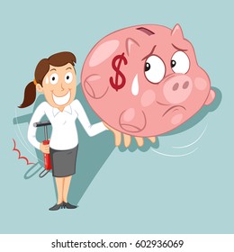 Sly businesswoman pumping piggy bank to fake, vector illustration cartoon