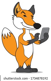 A sly cartoon fox is sending a text message with his cell phone