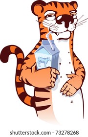 The sly cartoon tiger is drinking milk.