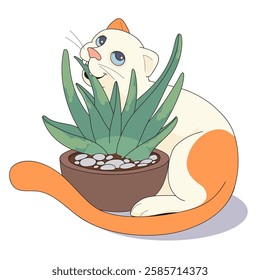 The sly cat is eating a plant in a flowerpot. Funny and cozy vector illustration.