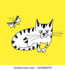 Sly cat hand drawn vector illustration. Naughty playful kitten with butterfly isolated character on yellow background. Cute sketch pet. Doodle domestic animal poster, postcard design element