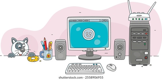 Sly cat trying to steal a tasty cookie from a computer desk in an office, vector cartoon illustration isolated on a white background