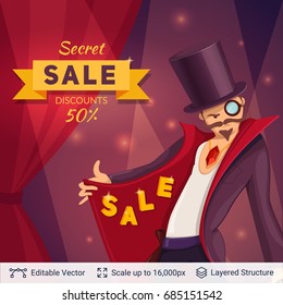 Sly character offers specials. Cartoon styled background. Vector illustration easy to edit. - Shutterstock ID 685151542