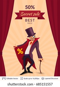 Sly character offers specials. Cartoon styled background. Vector illustration easy to edit.