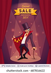 Sly character offers specials. Cartoon styled background. Vector illustration easy to edit.