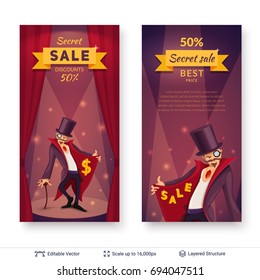 Sly character offers specials. Cartoon styled discount market banners. Vector design easy to edit.