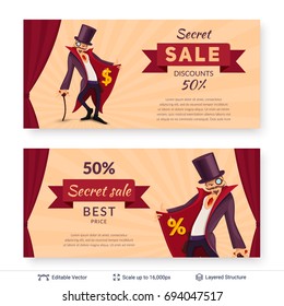 Sly character offers specials. Cartoon styled discount market banners. Vector design easy to edit.