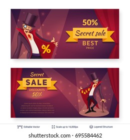 Sly character offers specials. Cartoon styled discount market banners. Vector design easy to edit.