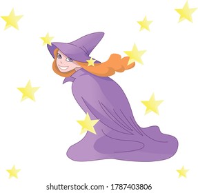 Sly cute mischievous witch in purple robe and hat