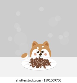 Sly dog ​​Shiba Inu wants to steal paw from the table a delicious fresh fragrant Christmas cookie that lies on a white plate with a triangle pattern on a neutral gray Christmas background with bokeh.