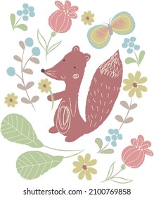 Sly fox among flower bouquet themed baby and kids t-shirt print, fashion print design, can be used for kids wear, baby shower, celebration, greeting and invitation.