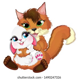 Sly fox hugs a cute rabbit.Cartoon vector illustration.Fox and rabbit.