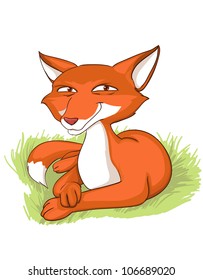 Sly fox lying on the grass, cartoon