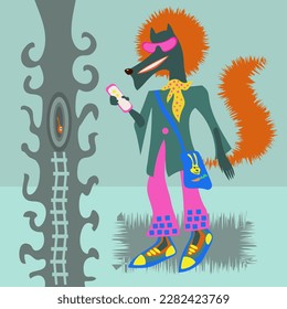 Un zorro astuto con un smartphone llamando a una ardilla. Una graciosa trama de cuento de hadas. Para ilustraciones.