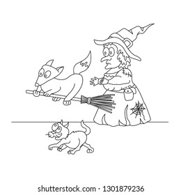 Sly fox stole a broom from the witch. Funny coloring. Vector illustration 