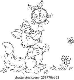 Sly fox and a trusting freshly baked round loaf Kolobok talking on a path in a summer forest, black and white outline vector cartoon illustration for a coloring book