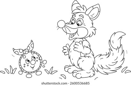 Sly fox and a trusting freshly baked round loaf Kolobok talking on a path in a summer forest, black and white outline vector cartoon illustration for a coloring book