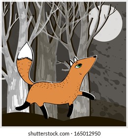 Sly Fox Walks In The Woods At Night. Vector Illustration.