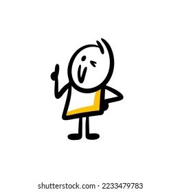 The sly playful character winks at us with his eye and points up with his finger. Vector illustration of doodle stickman figure.
