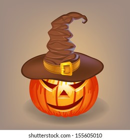 Sly pumpkin in a witch hat for Halloween