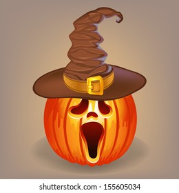 Sly pumpkin in a witch hat for Halloween