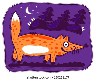 Sly red fox at night looking for bunnies. Background purple night. In the background, the moon and the trees on the hills. Over the hills and bunny ears stick out.