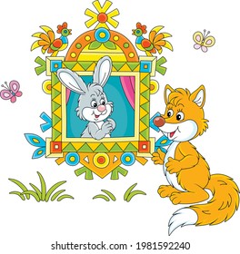 Sly red fox talking to a little grey hare looking out of a traditionally decorated window of a village log house from a fairytale, vector cartoon illustration isolated on a white background