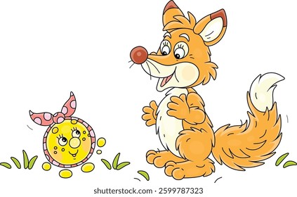 Sly red fox and a trusting freshly baked round loaf Kolobok talking on a path in a summer forest, vector cartoon illustration on a white background