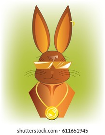 Sly and rich bronzed rabbit bust with golden medallion and shiny sunglasses