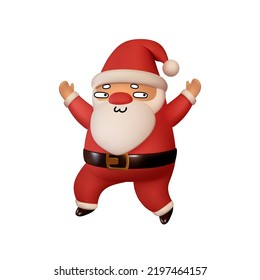 Sly Santa Claus in red clothes with his hands up. Realistic 3d character compatible doodle emoji elements on face. Isolated on white background for Xmas festive design. Vector illustration
