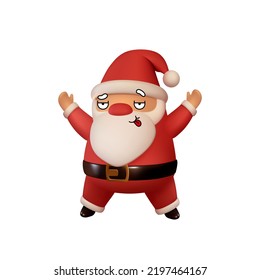 Sly Santa Claus in red clothes with his hands up. Realistic 3d character compatible doodle emoji elements on face. Isolated on white background for Xmas festive design. Vector illustration