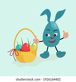 Sly smiling egg with bunny ears holds a basket of easter eggs. Festive vector composition on a green background.