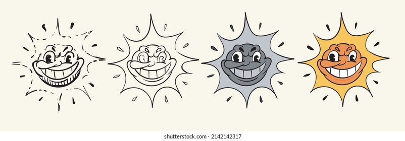 The Sly Sun With A Big Nose Is Smiling Sketch,lineart,colorless And Colored. Stages Of Drawing Coloring Book Vintage Toons: Funny Character, Vector Illustration Trendy Classic Retro Cartoon Style