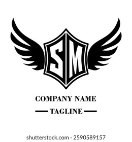 SM bold shield logo with wings, customizable with letters A to Z. Perfect for brands seeking a powerful symbol of strength, freedom, and ambition