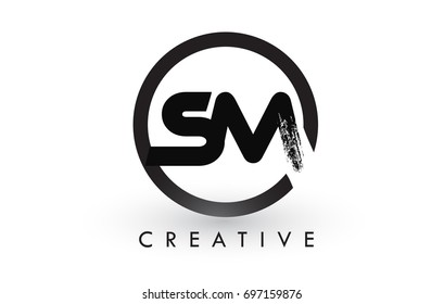 SM Brush Letter Logo Design with Black Circle. Creative Brushed Letters Icon Logo.