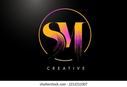 SM Brush Stroke Letter Logo Design. Orange Purple Paint Logo Leters Icon with Elegant Circle Vector Design.